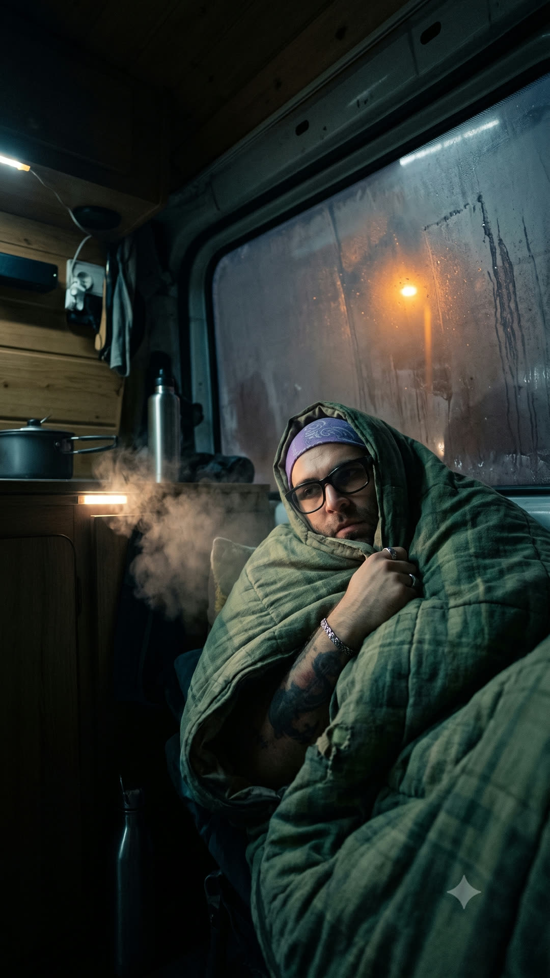 Gece karavanda battaniyeye sarılı Tuncay — kitabın doğduğu an