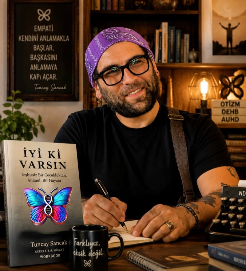 İyi ki Varsın kitabı — Tuncay Sancak masasında kitabıyla